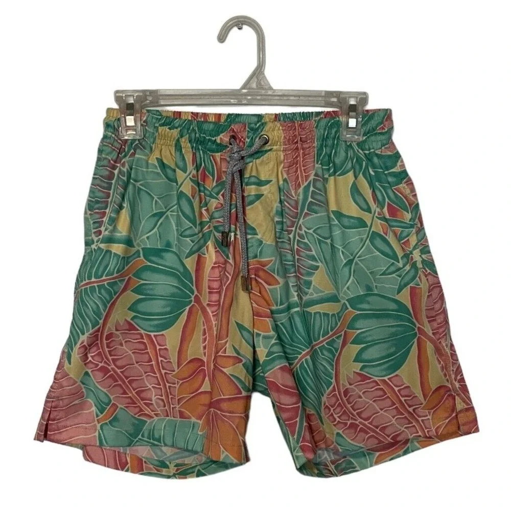 Kenny Flowers Swim Trunks Mens Size M Green Pink Tropical Beach Surf Shorts